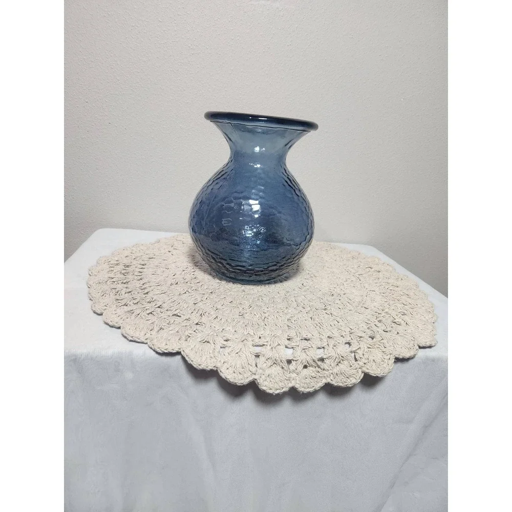 Blue Recycled Glass Vase Hammered Texture Round Bulbous Floral Decor 7.5 inch